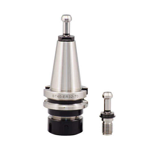 Four Piece Precision Balanced BT40 ER32 Tool Holder Set With G2.5 25000 RPM, includes tool holder and retention knob.