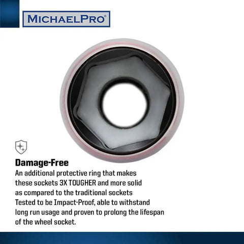 Close-up of 5-Piece Pro Grade Power Impact Lug Nut Socket Set with protective ring and 6-point grip, damage-free design.