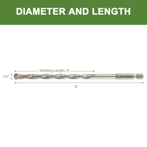 Masonry drill bit, HLOFIZI 1/4 in x 6 in, carbide tipped, hex shank for concrete brick stone