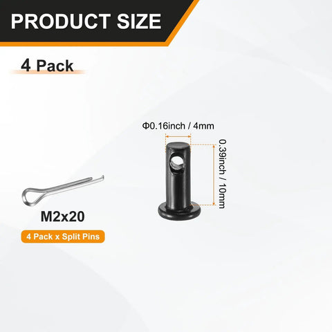 4 Pack M4x10mm Single Hole Clevis Pins Black For Quick Assembly In Machinery, Farm Equipment, Hitches, Lifts And Rigging Durable Steel Pins For Easy Disassembly And Strong Hold In DIY Projects, size detail with split pin