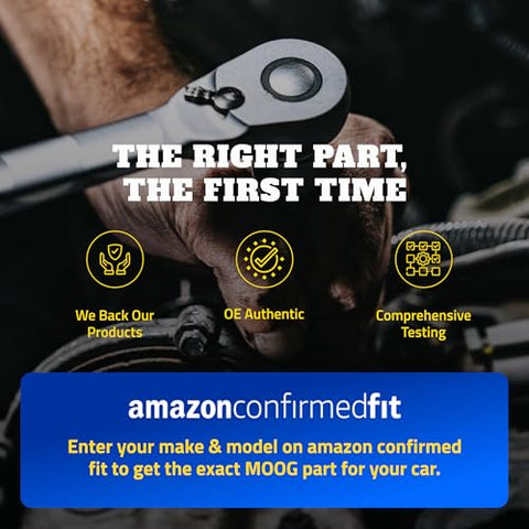 Mechanic tightening bolt with wrench, promoting Amazon Confirmed Fit for accurate MOOG car part selection based on vehicle.