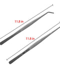 12 Inch Long Stainless Steel Tweezers And Nippers Set With Straight And Curved Tips, Serrated Jaws, And Ridged Grooved Handles