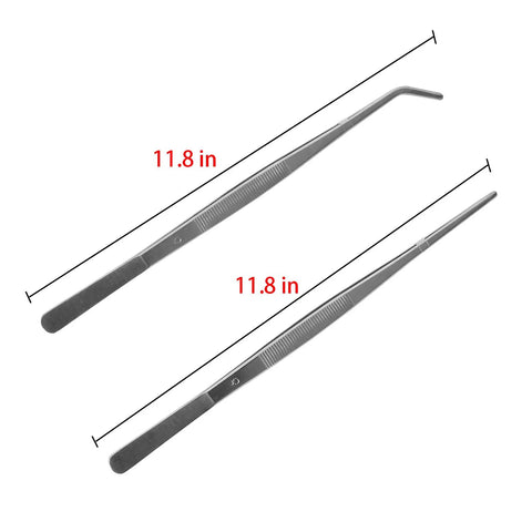 12 Inch Long Stainless Steel Tweezers And Nippers Set With Straight And Curved Tips, Serrated Jaws, And Ridged Grooved Handles