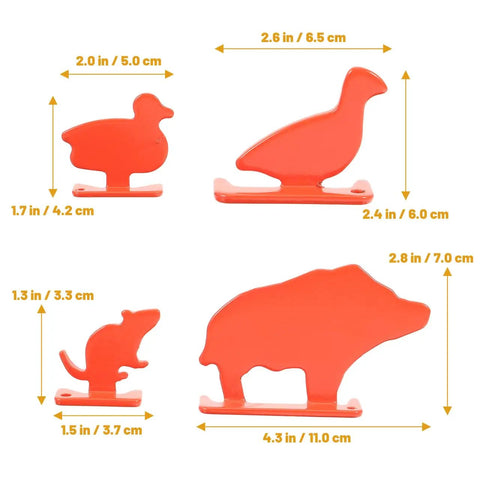 Four Piece Gun Target Set With Animal Silhouette Targets Stainless Steel Neon Orange Powder Coat Ultra Portable For Outdoor Practice