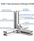 Diagram showing 4040 T-slot aluminum extrusion profile features for automation projects, part of the 4 Pack 4040 Aluminum T Slot Extrusion Profile Set 27.5 Inch European Standard Anodized Linear Rail For 3D Printer Parts And CNC DIY Projects Black Finish Heavy Duty Smooth Sliding For Automation.