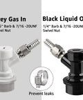 Two Pairs Ball Lock Quick Disconnect Set With 5/16 Gas And 1/4 Liquid Barbs, MFL Swivel Nuts For Easy Hose Changes, Ideal Upgrade For Cornelius Kegging And Homebrew Keg Systems. Grey gas in and black liquid out ball lock disconnects with swivel nuts