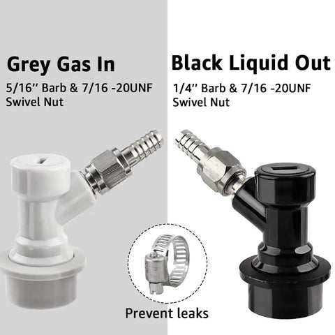 Two Pairs Ball Lock Quick Disconnect Set With 5/16 Gas And 1/4 Liquid Barbs, MFL Swivel Nuts For Easy Hose Changes, Ideal Upgrade For Cornelius Kegging And Homebrew Keg Systems. Grey gas in and black liquid out ball lock disconnects with swivel nuts