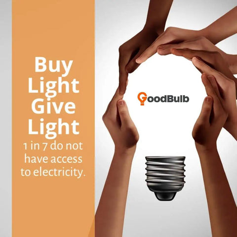 Hands forming a circle around a light bulb base with text about electricity access. Includes 13 Watt Compact Fluorescent Bulb 2700K Warm White.