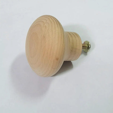 Real Deal Unfinished Beech Wood Cabinet Knobs Big Boy Sized Round Drawer Pulls Pack Of Four With Heavy Duty Screws, top view of single knob with screw.