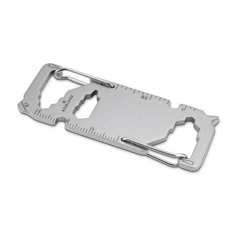 Stainless Steel Key Tool Multitool With 20 Functions, Carabiner Key Ring For Travel, Right On Your Keychain visible flat layout
