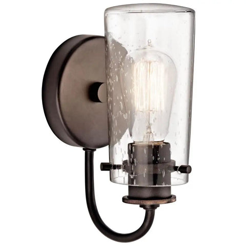Braelyn 1 Light Wall Sconce With Clear Seeded Glass In Classic Pewter, Vintage Industrial Vanity Lighting mounted on wall