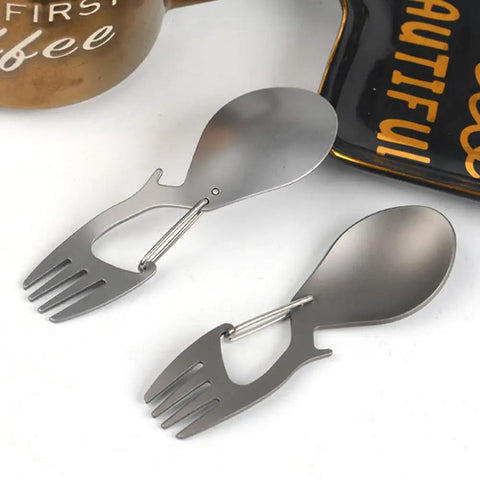 4 In 1 Stainless Steel Spoon Fork With Carabiner And Bottle Opener, Lightweight Survival Tool For Hiking And Camping, Easy To Pack, 2 Pack