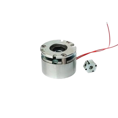 Front view of micro electromagnetic brake with round metal housing and red wires.