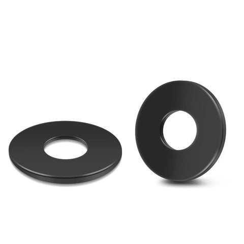 Front and side views of black stainless flat washers, 0.842" ID x 2" OD x 0.13" thick, 2 pcs