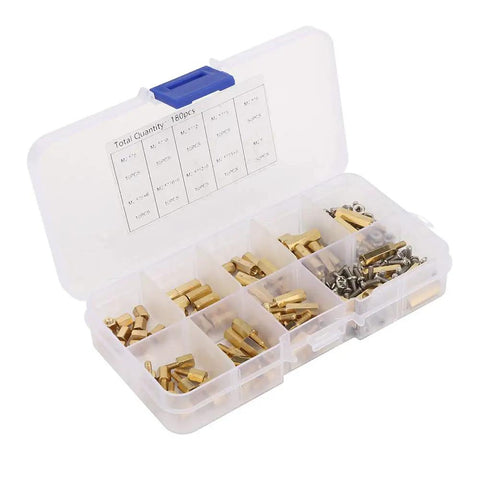 M2.5 Brass Standoff Spacer Kit With Pro Grade 180 Piece Hex Pillar Nut And Screw Set For Electronics, 3D Printer And PC Motherboard Mounting Hardware, Brass Construction, Includes 10 Sizes. plastic case with M2.5 brass standoffs, screws and nuts