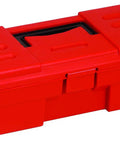 Compact Red Steel Tool Box With Hella Tough Hinges And Secure Latching Lid For Garage Organization Jobsite Gear Storage And Weekend Warrior Projects, angled view