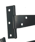 Close-up of Six Pack Galvanized T Hinges Slotted Triangular Door Hinges 7.9 Inch Heavy Duty Rustproof Iron Construction Replacement Hardware.