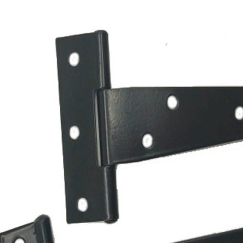 Close-up of Six Pack Galvanized T Hinges Slotted Triangular Door Hinges 7.9 Inch Heavy Duty Rustproof Iron Construction Replacement Hardware.