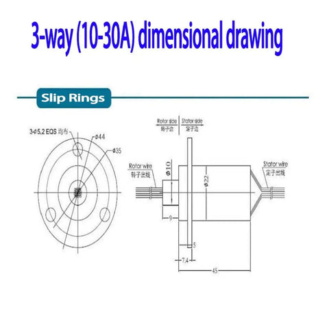 30A Three Wire Slip Ring With Gold Brush Contacts For Motor Encoder And Small Drive 22mm No Fuss Fiber Brush Tech Delivers Smooth Power And Signal Transmission For Reliable Performance., 22mm slip ring dimensional drawing with rotor and stator wire layout