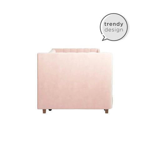 Side view of Valentina Twin Upholstered Daybed With Trundle In Pink Velvet showing soft plush look and sturdy plastic legs.