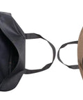 Top view of Two Pack Medium And Large Utility Tote Bags Set For Pros Pro Grade Durable Reinforced Bottom Great For Plumbers Electricians Maintenance Pros Painters And Contractors Black And Beige.