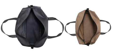 Top view of Two Pack Medium And Large Utility Tote Bags Set For Pros Pro Grade Durable Reinforced Bottom Great For Plumbers Electricians Maintenance Pros Painters And Contractors Black And Beige.