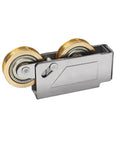 Slick Heavy Duty Sliding Door Rollers With Double Wheel Assembly And Muted Brass Wheels Aluminum Alloy Pulleys showing brass wheels.