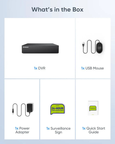 8 Channel 1080P Wired Home Security System With Standalone DVR And 1TB HDD contents: DVR, USB mouse, power adapter, sign, guide.