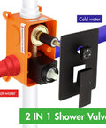 Shower Faucet System, 10-Inch Rain Head, 2-in-1 Handheld, Matte Black showing 2-in-1 shower valve with hot and cold water connections.