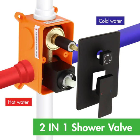 Shower Faucet System, 10-Inch Rain Head, 2-in-1 Handheld, Matte Black showing 2-in-1 shower valve with hot and cold water connections.