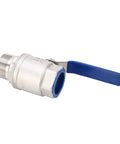 1 1/4 Inch NPT Ball Valve With 1000 WOG Rating And Rust Resistant 304 Stainless Steel Body For A No Drip Nonsense Seal, side view with blue handle