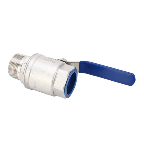 1 1/4 Inch NPT Ball Valve With 1000 WOG Rating And Rust Resistant 304 Stainless Steel Body For A No Drip Nonsense Seal, side view with blue handle