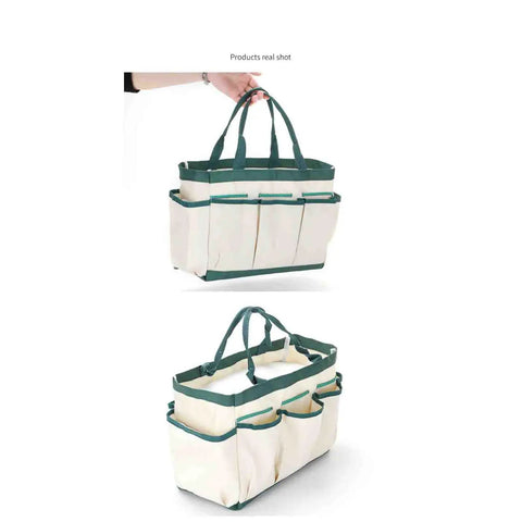 Durable Gardening Tote Bag With Nine Pockets Made From Sturdy Oxford Cloth shown in beige with green accents