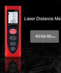 BE-TOOL Laser Measure, Laser Distance Meter (M/in/F) showing measurement readings in red and black design, 80m capacity.