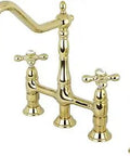 Heritage Bridge Kitchen Faucet With Brass Sprayer in Polished Brass Built Tough Solid Brass Construction visible against white background.