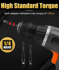 Heavy Duty Impact Grade Socket Adapter Set 1/4, 3/8, 1/2 Inch Drive Hex To Square Shank CrV Driver Adapters shown on a cordless drill.