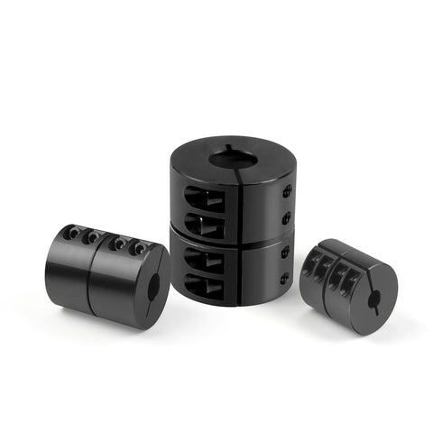 Beefy Rigid Shaft Coupling From One Half To Three Eighths Bore With One And One Eighth Inch OD And One And Three Quarters Inch Length, Single Split Clamp, Black Oxide Finish, 45 Steel, ASTM 1045, Includes Set Screws, three couplings shown.