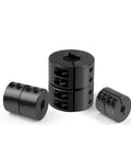 Rigid Shaft Coupling 5/8 To 5/8 Bore, 1-5/16 OD, 2 In Length, Single Split Clamp, Black Oxide Finish, Includes 10-32 X 1/2 Screws, 45# Steel, Built Tough For Motors, Gearboxes, And DIY Projects., black steel couplings shown from front and side