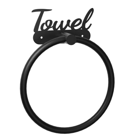 Rustproof Black Stainless Steel Towel Ring For Bathroom Wall Mounted Hand Towel Holder with "Towel" Sign Accent