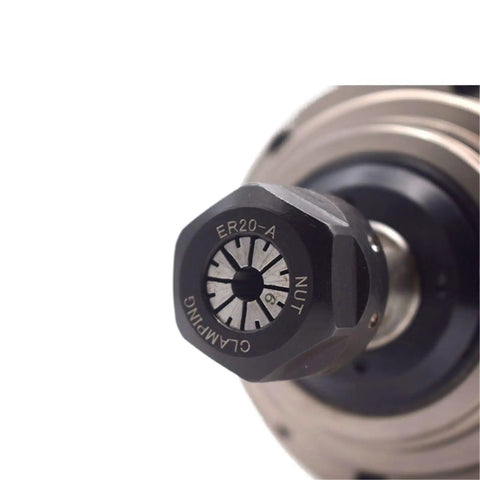 Close-up of ER20-A nut on Heavy Duty 5.5 KW Water Cooled CNC Spindle Motor for precision woodworking and soft metal projects.