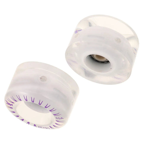 Clear pair of Two Pack LED Light Up Quad Roller Skate Wheels With Bearings For Indoor And Outdoor Skating, glowing