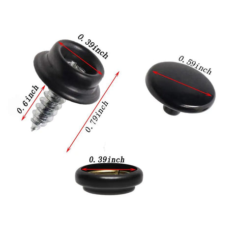 Rock Solid Marine Grade 304 Stainless Steel Screw On Snap Fastener Kit For Heavy Duty Boat Covers Canvas Plastics Wood Upholstery Furniture Four Pack Black showing three different snap fasteners with measurements.