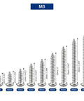 Badass 100 Piece M3 X 16mm Hex Button Head Self Tapping Sheet Metal Screws Forged From Tough 304 Stainless Steel With H2 Hex Wrench For Quick Solid Assembly On Any Rough Job Site, various sizes shown.