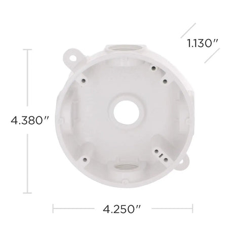 Round Weatherproof PVC Electrical Box With Five Half Inch Or Three Quarter Inch Outlets White Nonmetallic For Receptacles Switches And GFCIs Includes Mounting Hardware Plugs And Reducer Bushings front view