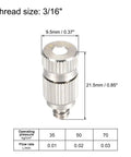 Brass Misting Nozzle Set With Three Sixteenth Inch Thread, 0.1mm Orifice Fogging Spray Heads For Outdoor Cooling System, 5 Pack, Silver Tone, Leakproof With Self Sealing O Ring dimensions and specifications