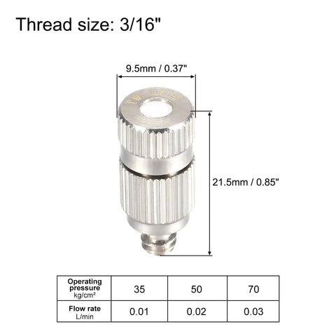 Brass Misting Nozzle Set With Three Sixteenth Inch Thread, 0.1mm Orifice Fogging Spray Heads For Outdoor Cooling System, 5 Pack, Silver Tone, Leakproof With Self Sealing O Ring dimensions and specifications