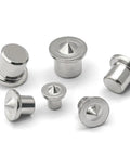 Pro Grade Dowel Pin Center Point Set 8 Piece Transfer Plugs for Woodworking, chrome-plated steel in various angles on white background