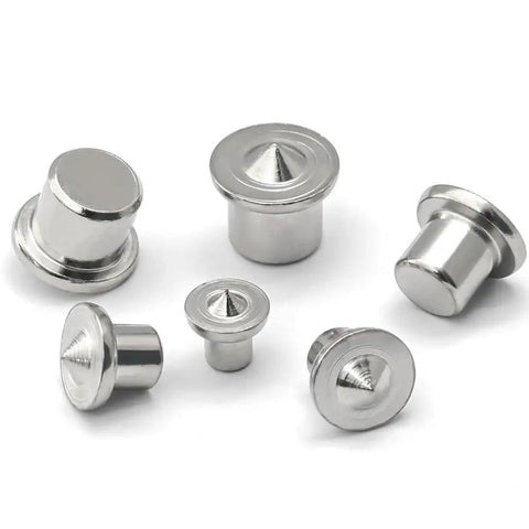 Pro Grade Dowel Pin Center Point Set 8 Piece Transfer Plugs for Woodworking, chrome-plated steel in various angles on white background