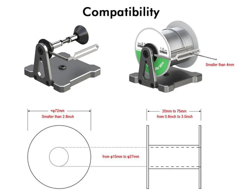 Diagram of Heavy Duty Reel Stand Dispenser For Solder Wire Spools And Magnet Wire Rolls Aluminum Desktop Or Wall Mount Holder Bracket dimensions