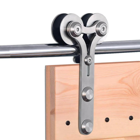 Close-up of 16ft Barn Door Hardware Sliding Track Kit Stainless Steel Heavy Duty For Double Wood Doors With Y Shape Hangers
